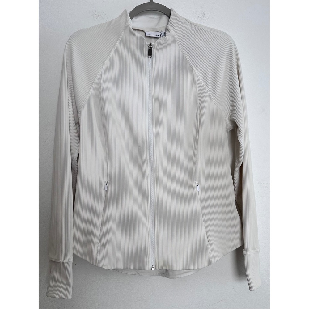 Athleta Womens Ribbed Full Zip Jacket Cream Off White Mock Neck Thumbholes L